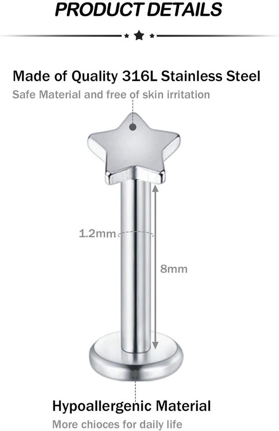 5 paar (10 stuks) 16G chirurgisch staal lippiercing labret monroe ring tragus helix piercings oorbellen stud sieraden 6-14mm — afbeelding 5