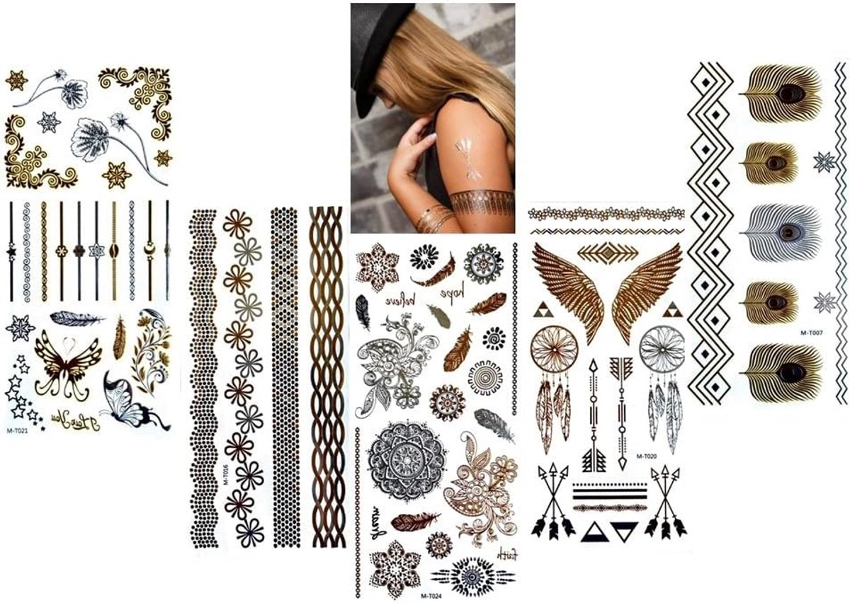Tijdelijke gouden en zilveren tatoeages, veertattoo, armband, tattoo, metallic, 5