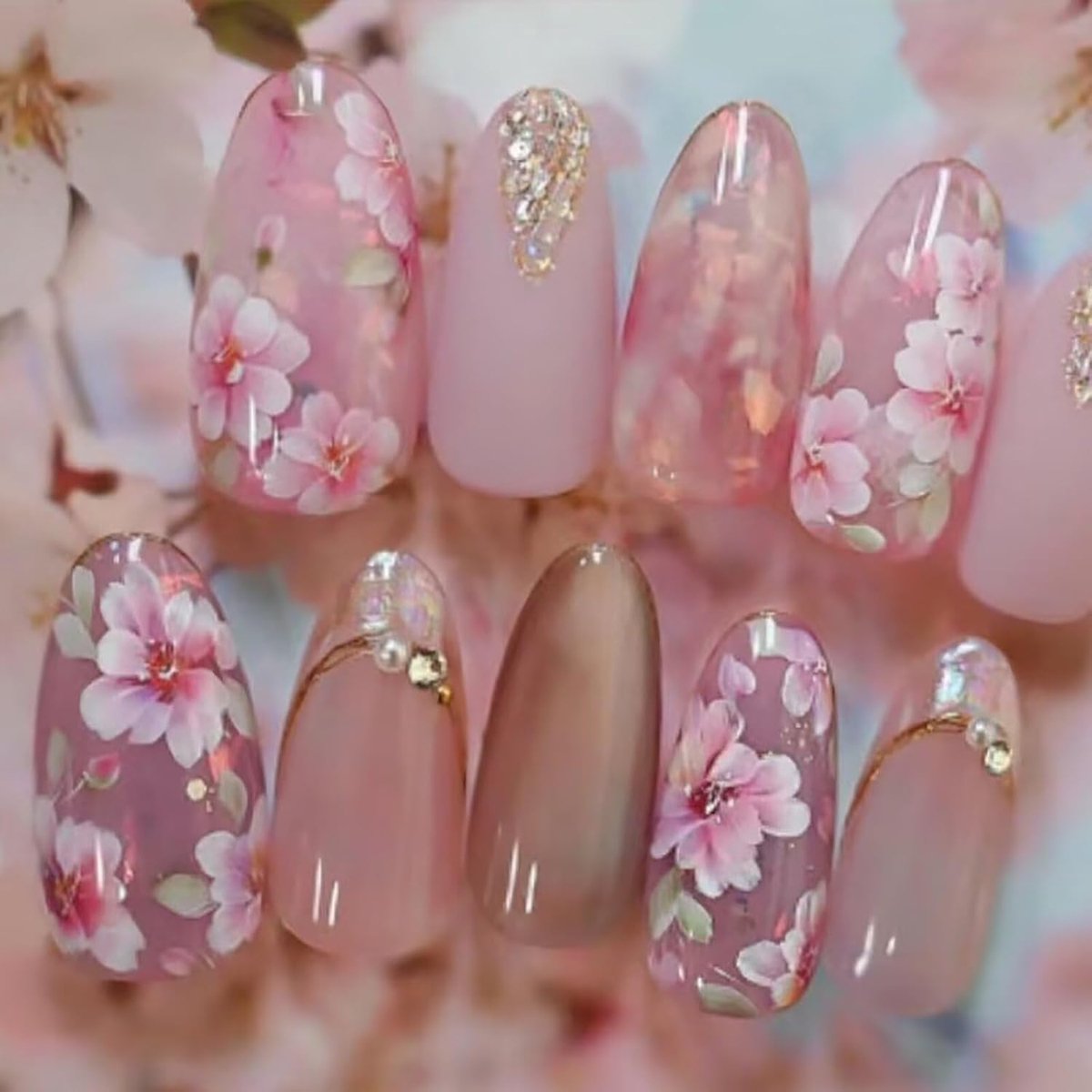24 stuks korte press-on nagels, roze plaknagels, korte kunstnagels, bloemen-acrylnagels, plaknagels, kunstnagels voor vrouwen, nagelset
