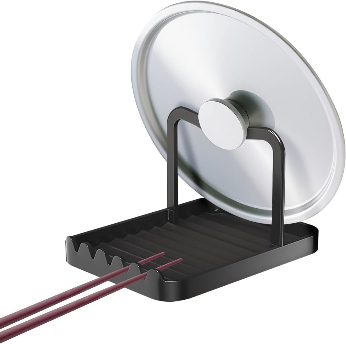 Lepel en dekselsteun voor aanrecht, zwarte pannendekselhouder tijdens het koken met druppelpad, multifunctioneel pannendekselhouder rek voor spatels, keuken gadget rek (zwart)