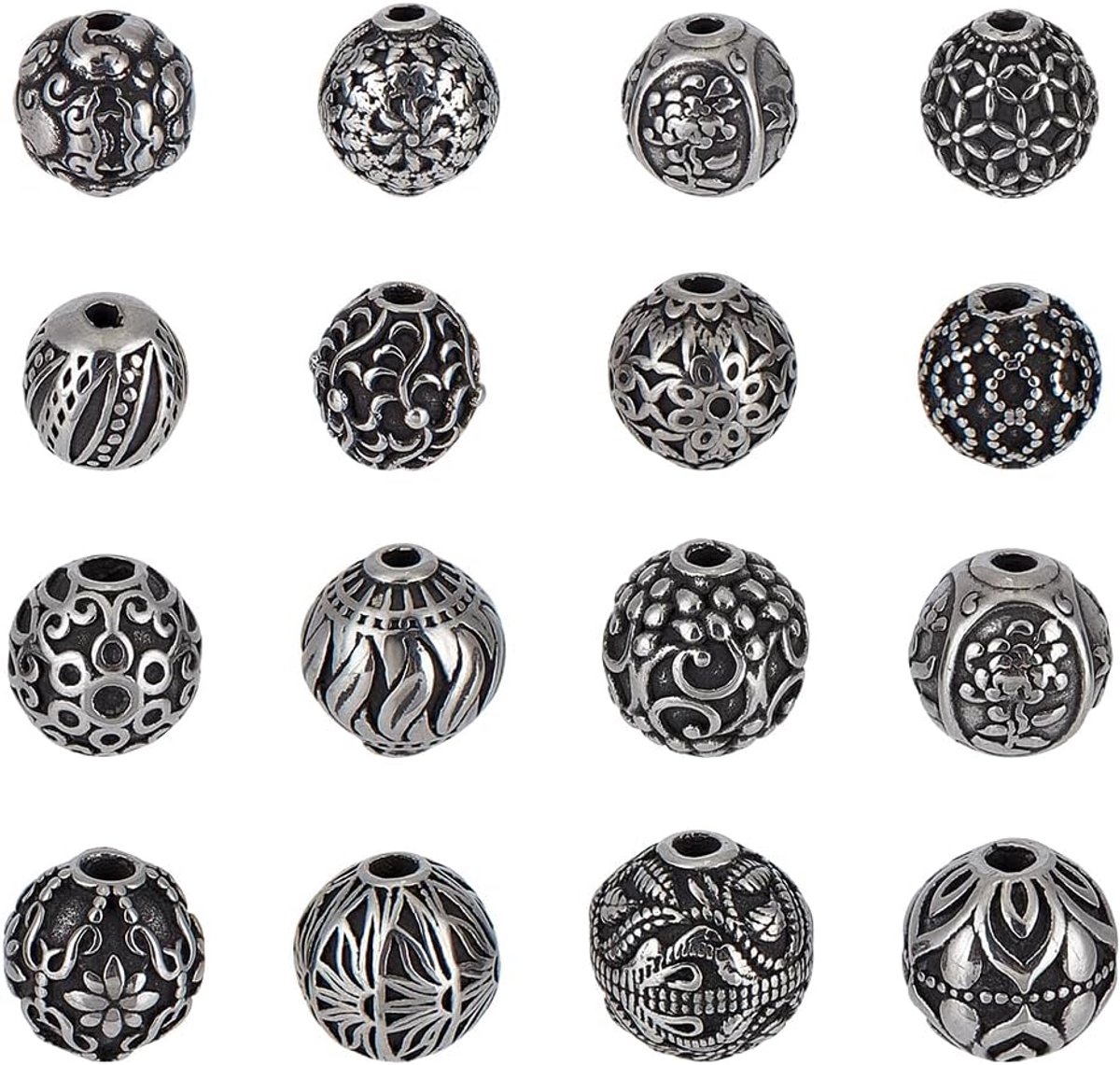 PandaHall 16 stijlen 304 roestvrijstalen kralen, 8 mm 10 mm, ronde afstandskralen met bloemontwerp, antieke zilveren sieraden maken kraal voor doe-het-zelf armband, ketting, sleutelhanger