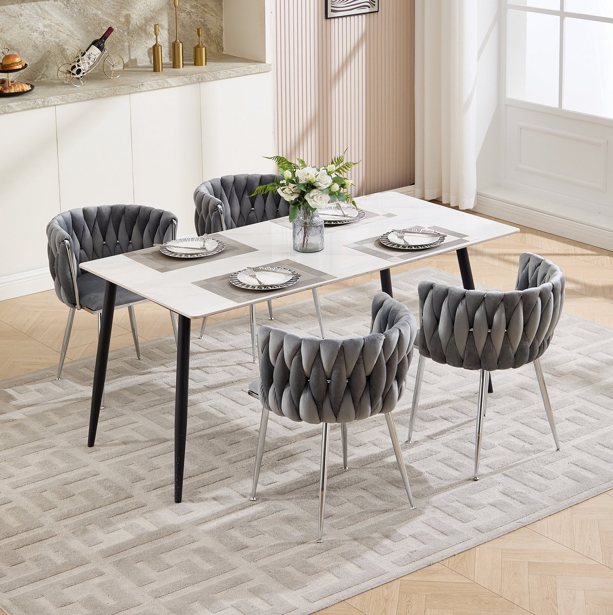 OKWISH Barkruk – Set Van 2 – Grijze Velvet Zitting Met Rugleuning En Armleuningen – Metalen Poten En Open Geweven Design – Voor Eetkamer En Bar – Grijs