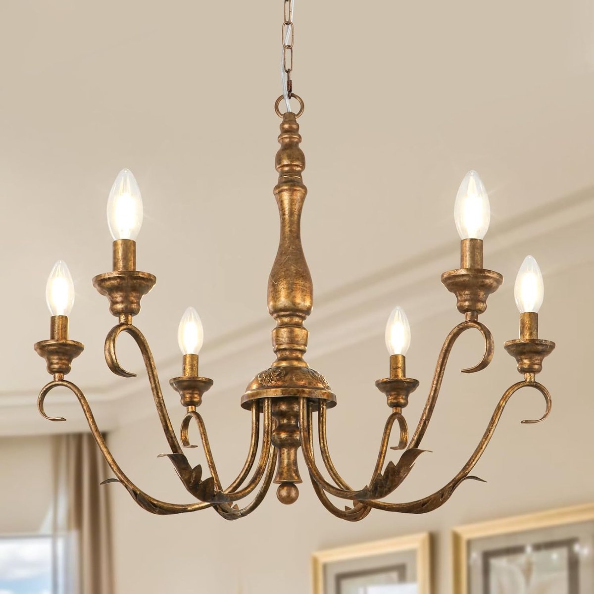 Kroonluchter vintage 6 lampen - messing goud - Frans landhuis stijl - sfeervolle verlichting - ShopVlot
