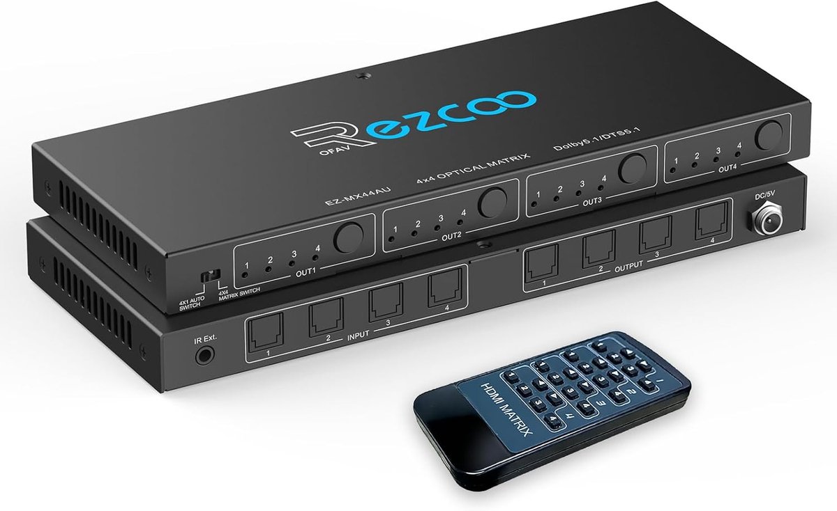 SPDIF optische audio matrix 4x4 - ondersteunt Dolby 5.1/DTS 5.1 - IR-bediening - ideaal voor home theater - ShopVlot