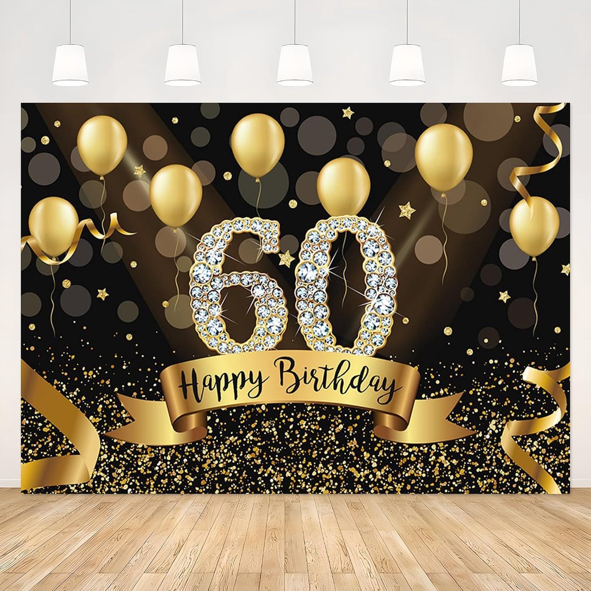 Fotobehang 60e verjaardag 210x150cm - Goud Zwart - Elegante achtergrond - Perfect voor verjaardagsfeest - ShopVlot