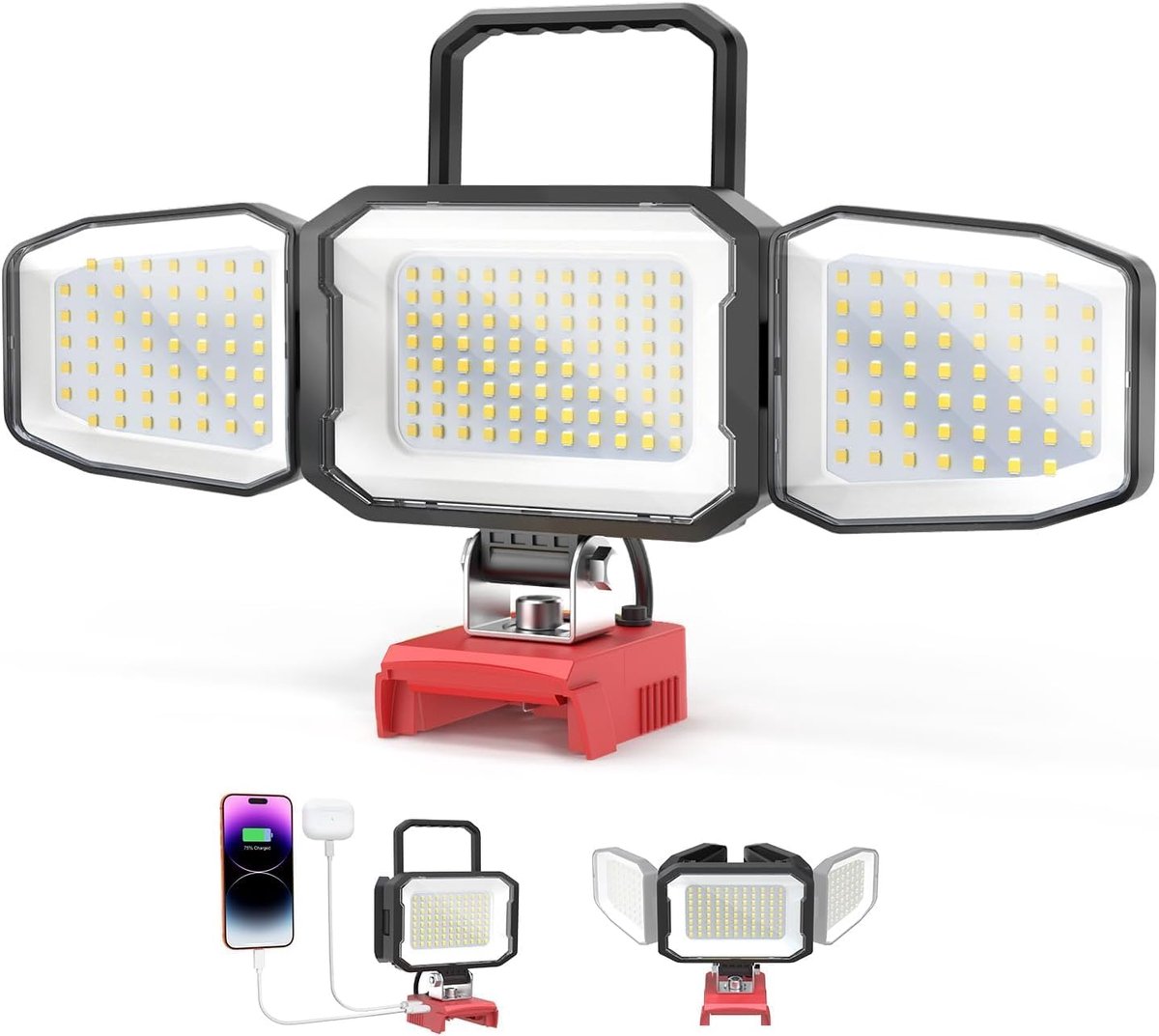 LIVOWALNY Led-werklamp, compatibel met Milwaukee 18V-accu, draagbare bouwspot met USB-A & type C oplaadaansluiting - ShopVlot