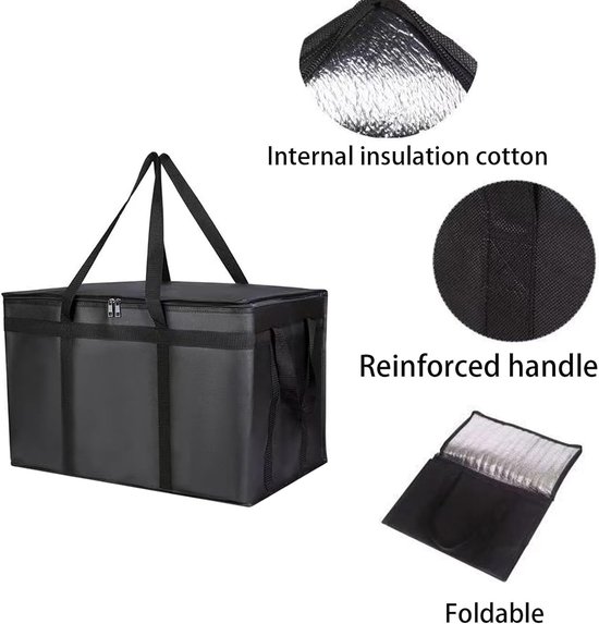 Geïsoleerde boodschappentas -Grote geïsoleerde tas - 58 cm* 38 cm * 36 cm - Picknicktas - Geïsoleerde tas van aluminiumfolie, geschikt voor warme en koude gerechten, catering en boodschappen - Grote capaciteit - Herbruikbaar - Geïsoleerde tas - Zwart — afbeelding 3