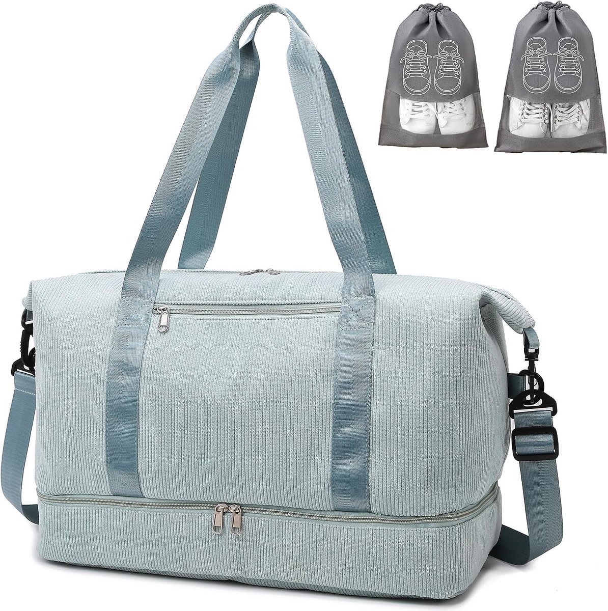 Sporttas 35L - Duffle Bag met 2 Schoencompartimenten - Groene Corduroy Weekender - Ideaal voor Gym en Reizen - SnelShoppen