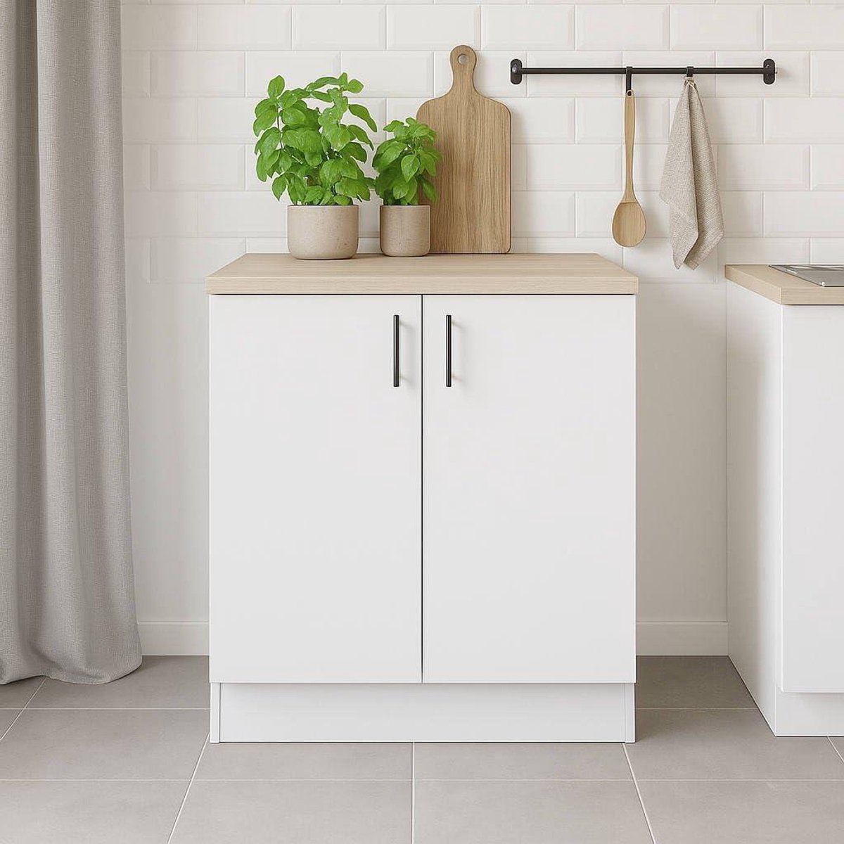Onderbouw gootkast - Keukenkast met deuren - Keuken organiseren - Met verstelbare poten - 80x60x90 cm - Wit en eiken