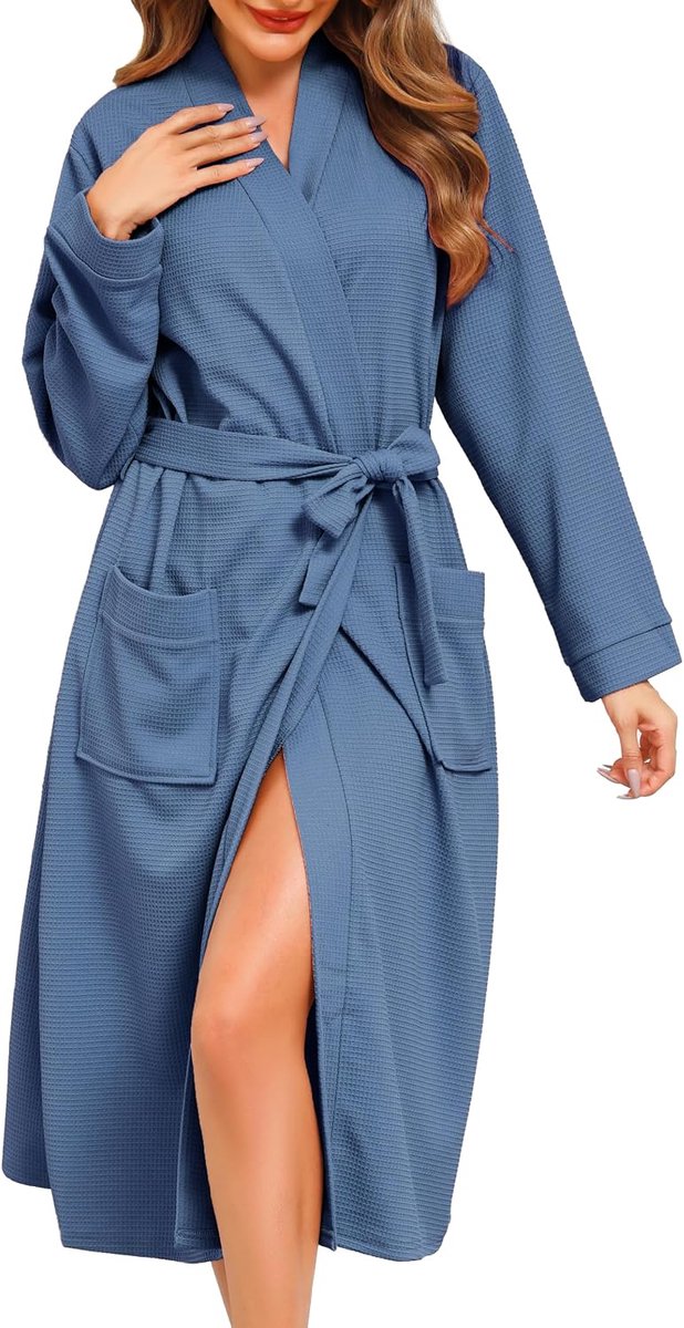 Damesbadjas lang sexy V-hals - lichtgewicht wafelstof - perfect voor bruiloft of sauna - comfortabele loungewear - SnelShoppen