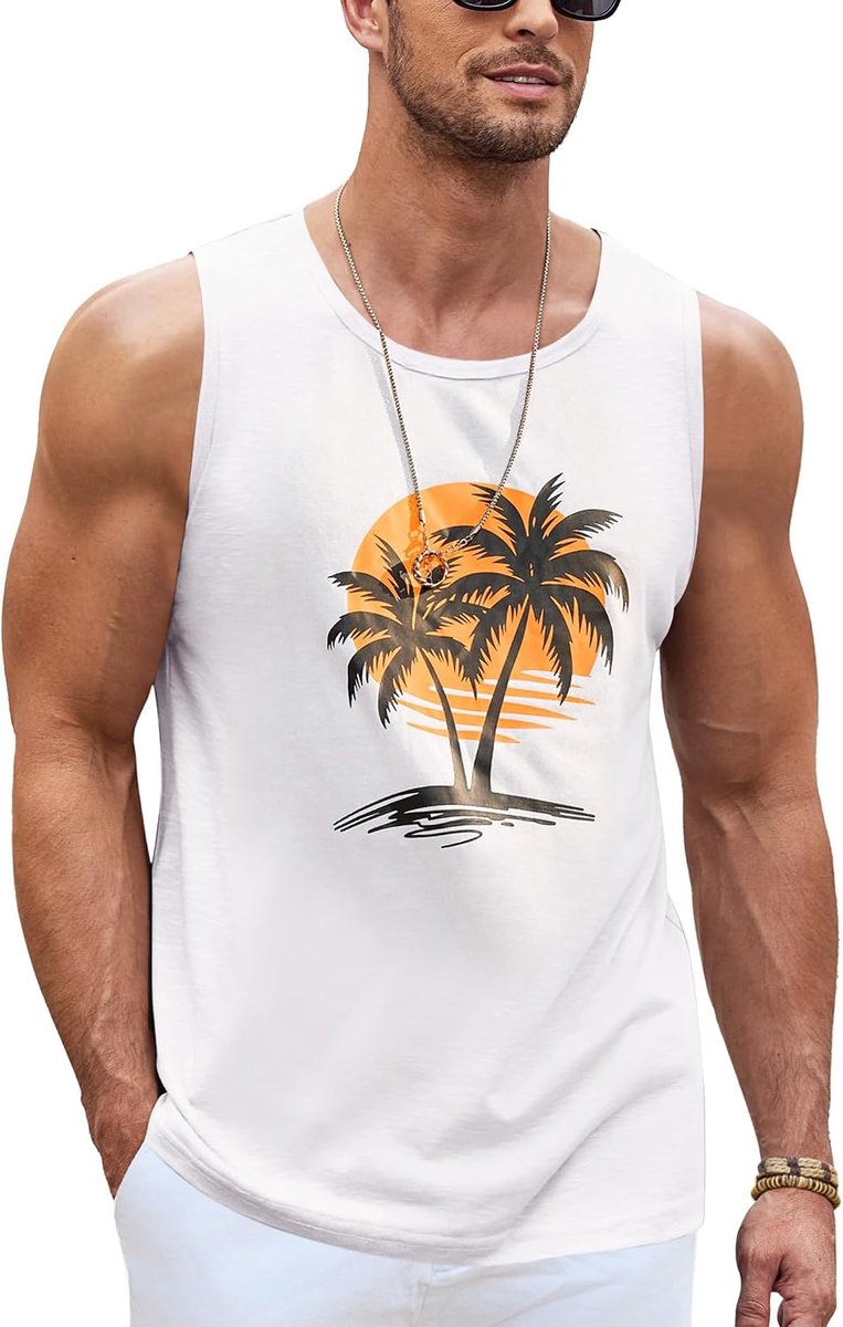 Tanktop heren - katoen - palmboom print - ademend voor casual gym - SnelShoppen
