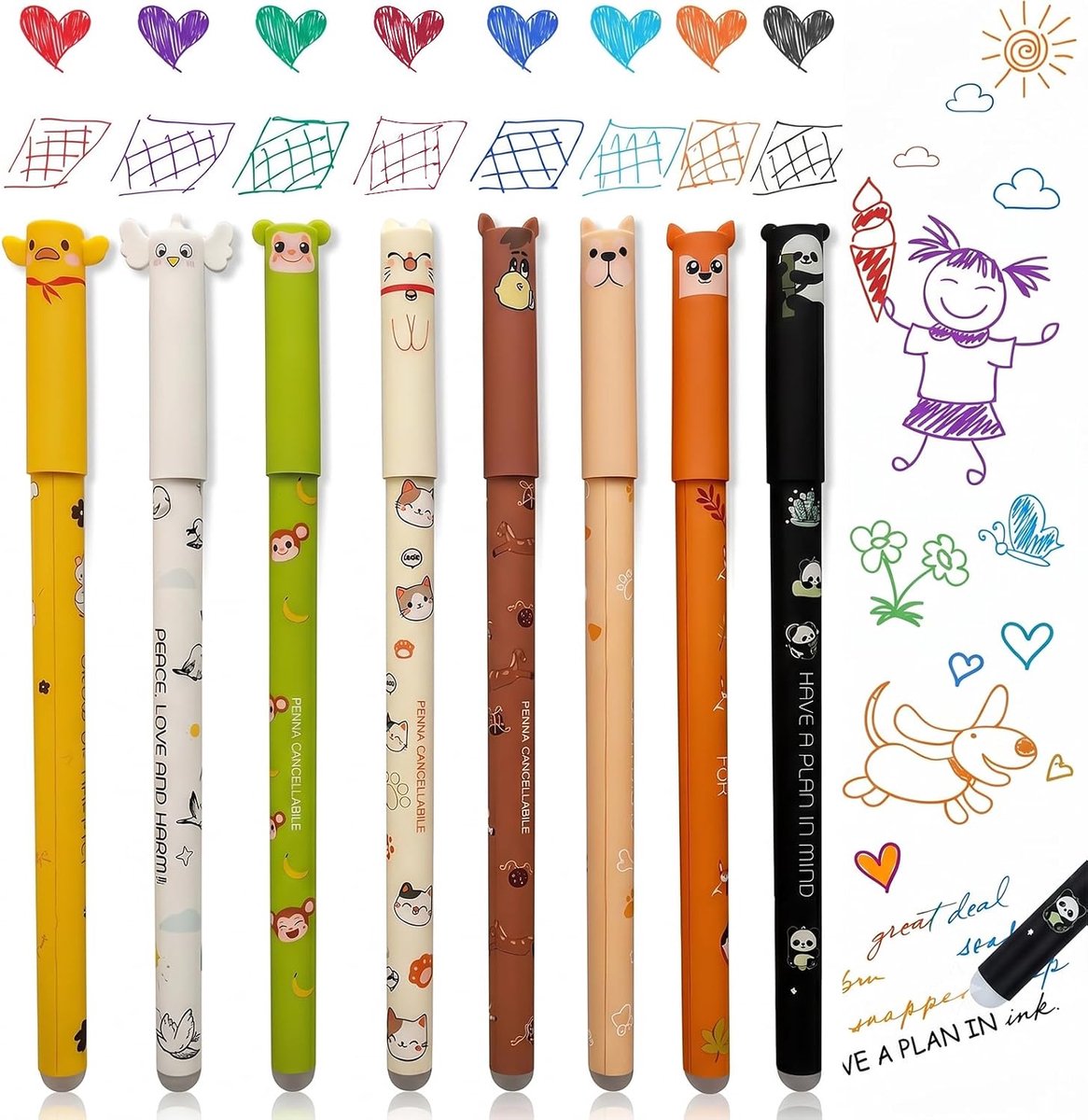 Uitwisbare pennen 8 stuks - kleurrijke gelinkt - cartoon-tekeningen - ideaal voor kinderen en studenten - SnelShoppen