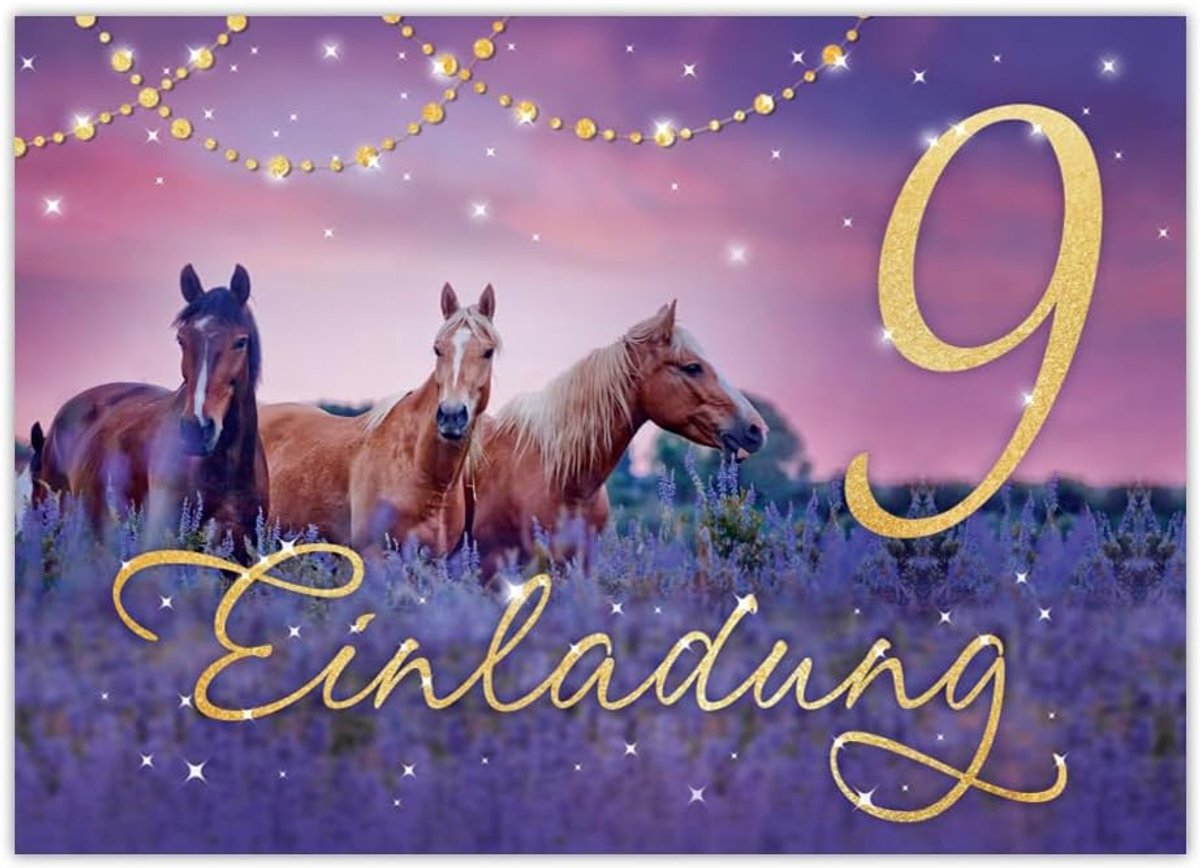 SnelShoppen - 12 Uitnodigingskaarten voor 9e Verjaardag Meisje met Paard - Kinderfeest, A5 Formaat, 300g/m², UV Gelamineerd, Made in Germany