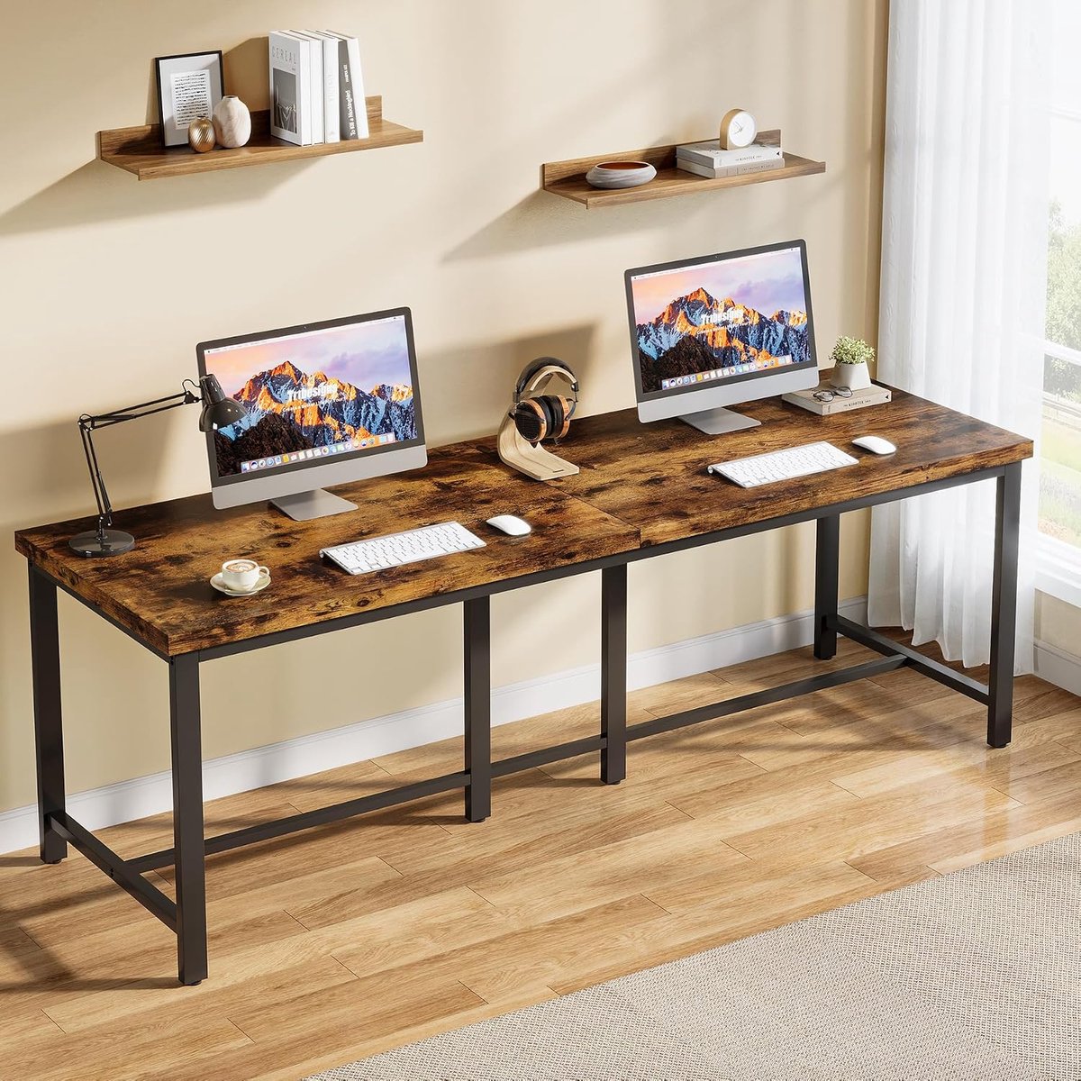Bureau, 200 x 60 cm extra lange computertafel, dubbel bureau, bureautafel voor werkkamer, slaapkamer, thuiskantoor, industrieel design, metalen frame, vintage bruin