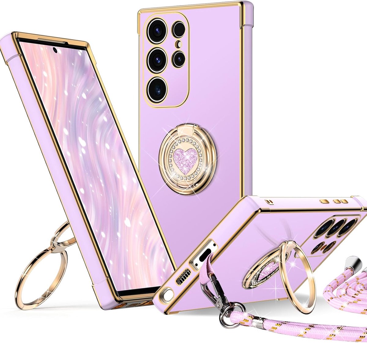 Hoesje met standaard voor Samsung Galaxy S22 Ultra, dubbele ring houder hoesje hart met nekkoord voor meisjes en vrouwen, luxe schattig bling beschermend telefoonhoesje voor Samsung S22 Ultra