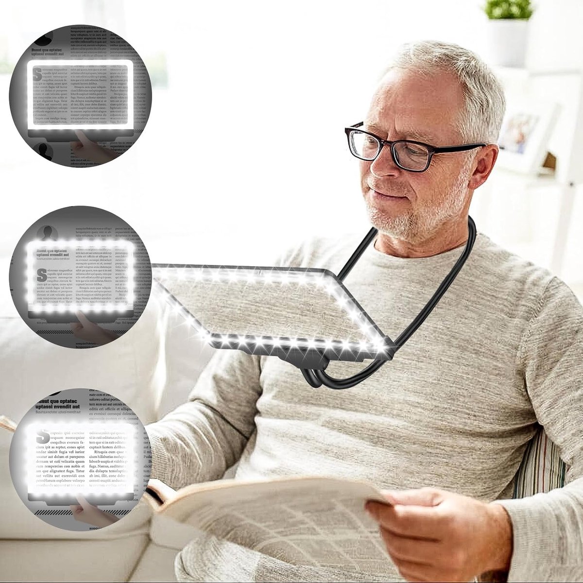 5x Handsfree vergrootglas met licht, om de nek te hangen, flexibele zwanenhals volledige pagina vergrootglas, 19,8 cm x 14,5 cm groot paginavergrootglas voor het lezen van kleine lettertjes en