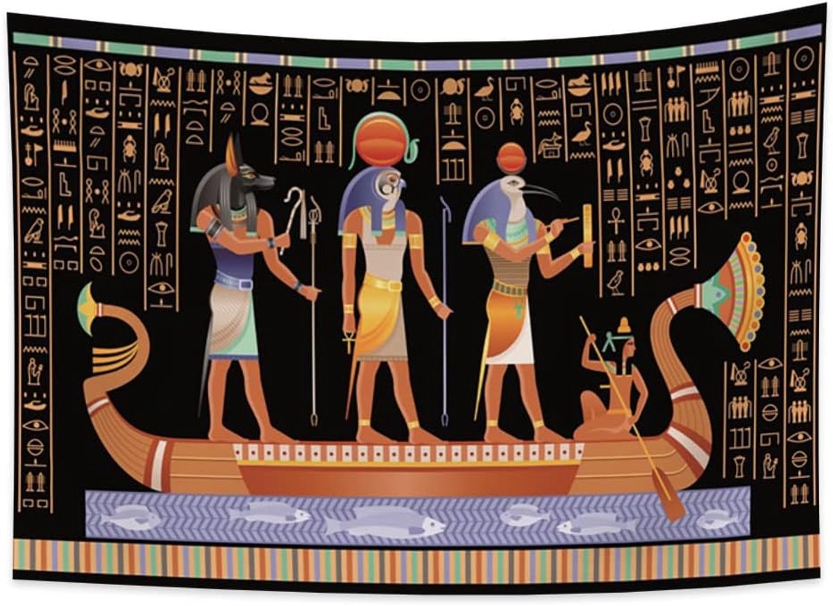150x100cm Oud Egypte Tapijtwerk, Egyptisch patroon wandtapijten Hiërogliefen houtsnijwerk Traditioneel houten boottapijt voor Woonkamer Dorm Decor Slaapbank Cover Tapijt Deken