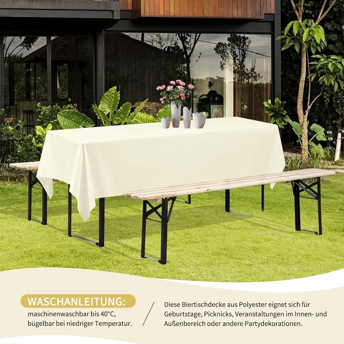 Tafelkleden, beige, biertafelkleden, 260 x 110 cm, duurzaam polyester tafelkleed, wasbaar tafelkleed voor tuinfeest, verjaardagsfeest, beige