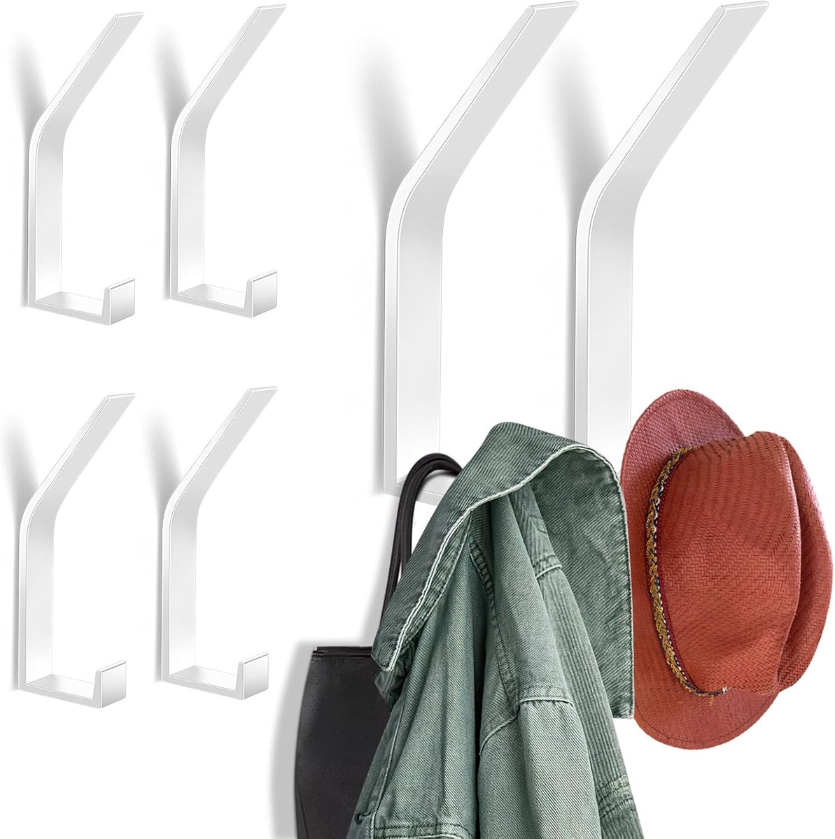 Kledinghaken, 6 stuks, haken voor akoestische panelen, onzichtbare schroeven, moderne kleerhangers in zwart, ideaal voor jassen, mantels, kleding, sjaals, tassen en meer (wit)