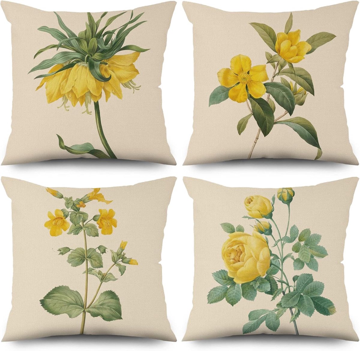 Kussens, 50 x 50 cm, 4 stuks, fris geel en beige bankkussen, decoratieve hoezen, wasbaar polyester, vlastextiel, buitenbekleding