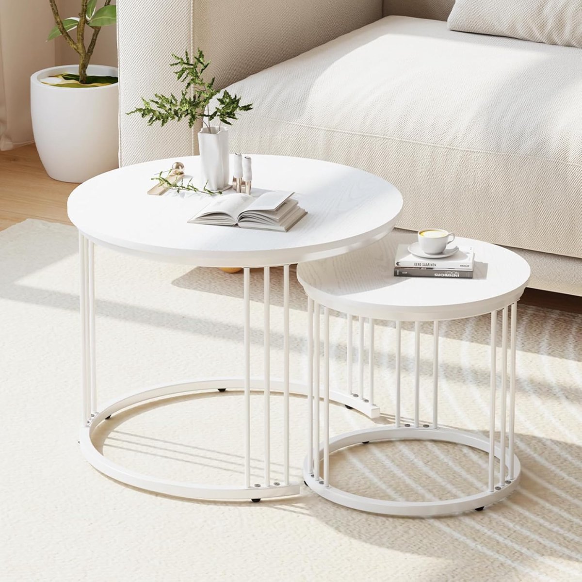 4 you Set van 2 ronde salontafels van wit hout, moderne bijzettafel, uitschuifbare nesteltafels 60x45 cm en 40x40 cm, robuuste metalen poten, vloerbescherming