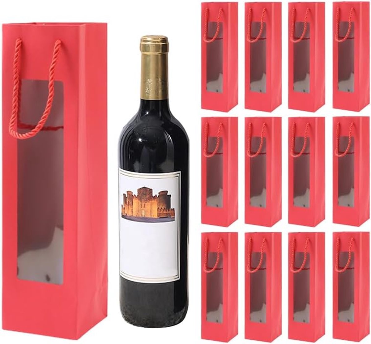 Wijnfleszakken van kraftpapier, geschenkzakjes met handvat, transparante 12 stuks kraft-wijnorganizer voor bruiloft, kerstdag, feest, geschenkzakjes, flessen