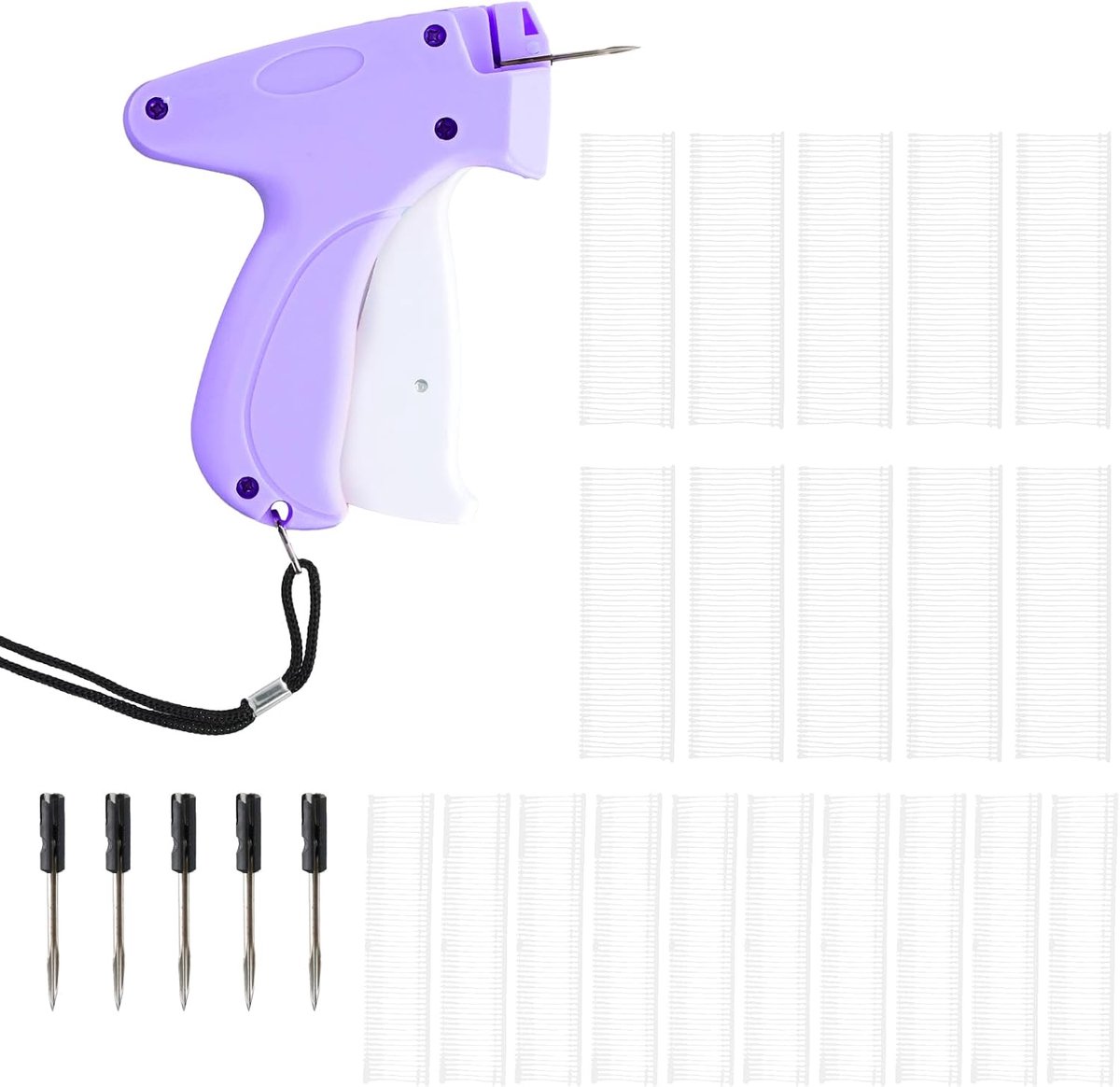 Etiketteerpistool voor kleding, etiketteermachine met 5 reservenaalden + 1100 draden, voor prijskaartjes, maten en merken, snelle bevestiging op stoffen, jeans, hoeden (paars)