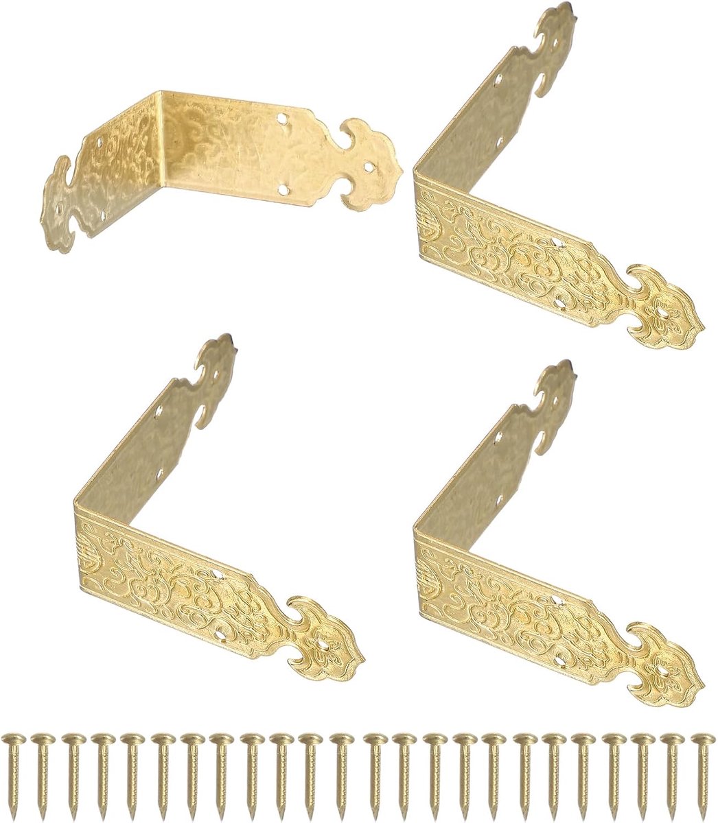 4 stuks decoratieve vintage messing hoekbeschermers met bevestigingsspijkers 2 x 0,8 inch randbescherming voor meubels, kasten, retro versiering (messing)
