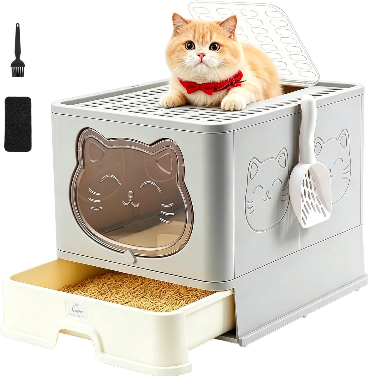 Gesloten Binnenhuis-Kattenbak met Dak/Deksel, Geurneutraliserend Kattenbak in Groot Formaat, Kattenklo met Ladesysteem & Opvouwbaar met Handige Kattengritschep
