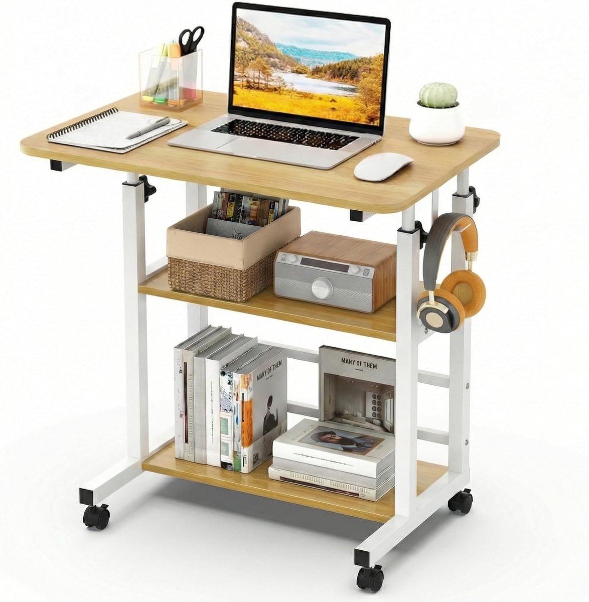 Bijzettafel op wieltjes, in hoogte verstelbaar, 60 x 40 x 56-82 cm, 3-traps design, H-vormig stalen frame, mobiele laptoptafel en verzorgingstafel met vergrendelbare wielen, walnoot