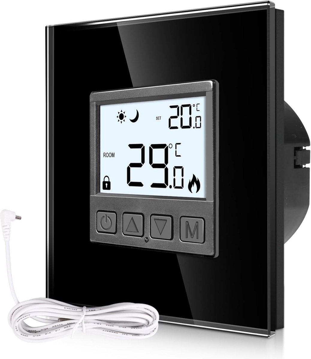 Digitale kamerthermostaat inbouw met sensor, thermostaat voor watervloerverwarming en boiler, wandthermostaat voor verwarming en koelsystemen, zwart met glazen frame