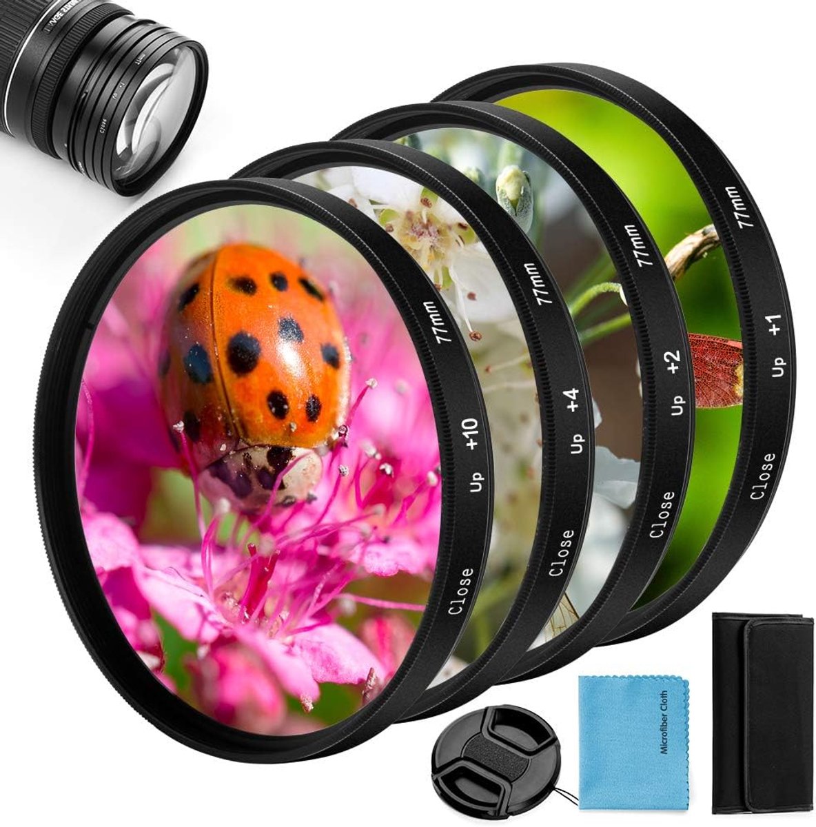 Close-up filterset, 4 stuks (+ 1, + 2, + 4, + 10), macrolenzen, accessoires, close-up lens, filterset met filtertas voor Canon, Nikon, Sony, Pentax, Olympus, Fuji, DSLR-camera