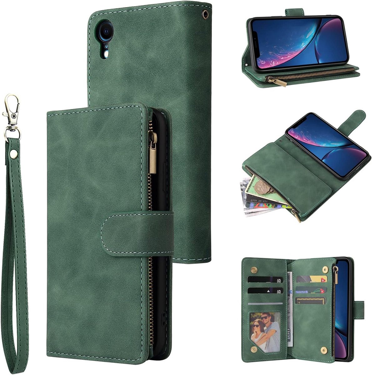 Portemonnee-hoes voor iPhone XR, premium vintage PU-lederen handtas met magnetische sluiting en ritsvak kickstand kaarthouder sleuven polsriem TPU schokbestendige flip cover voor iPhone XR - Donkergroen