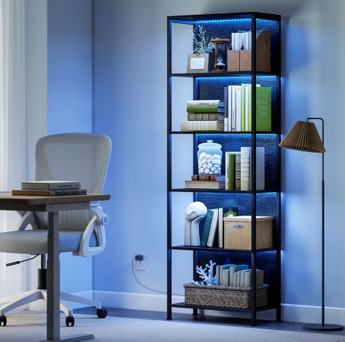 MIVRAY Boekenrek Met 5 Niveaus En LED Verlichting 60 X 30 X 179 Cm Hout Metaal Zwart Voor Woonkamer En Bureau