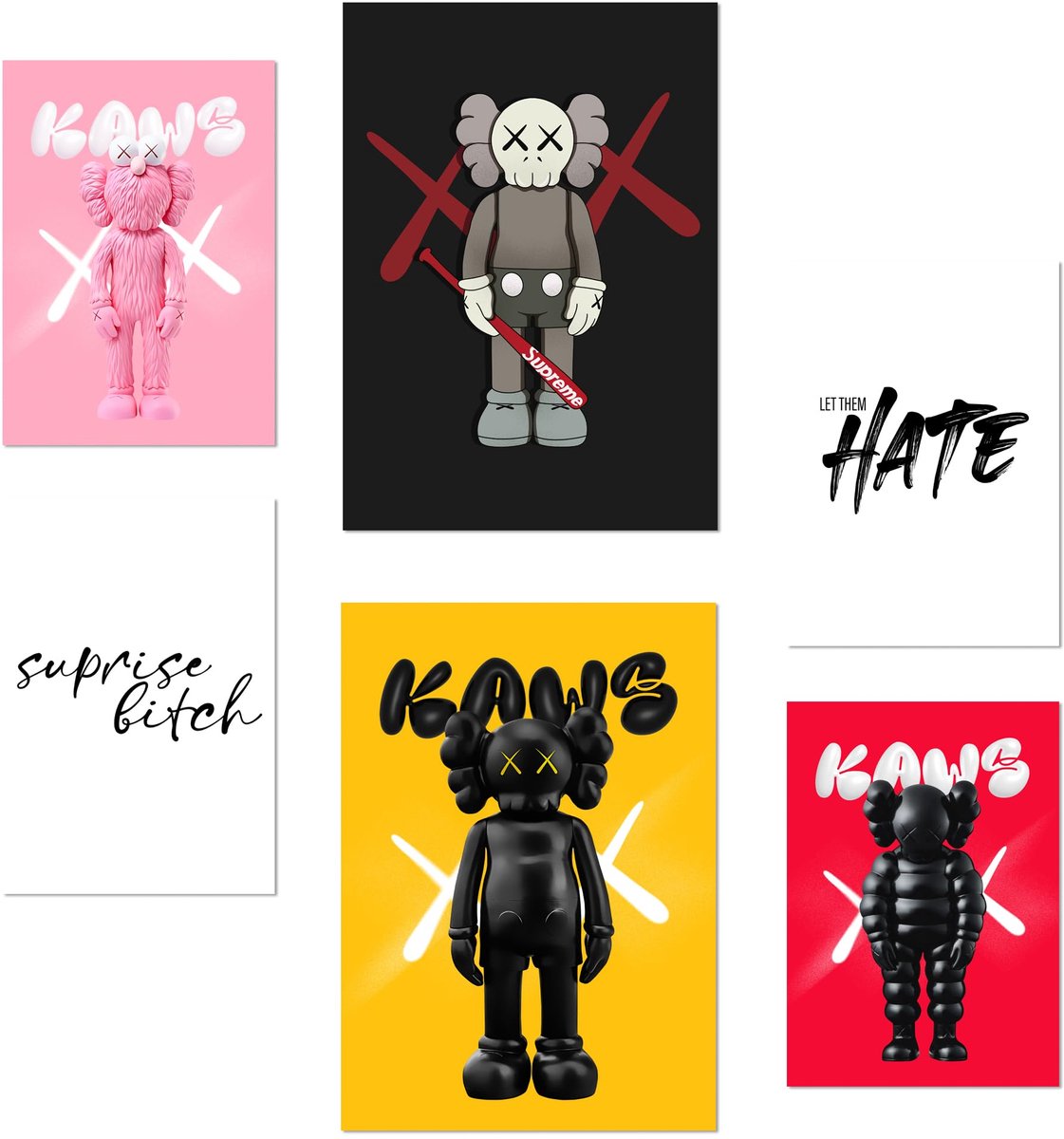 Posters set van 6 A3/A4 - Iconisch Kaws-ontwerp - Frameloos - Perfect voor muurdecoratie - ShopVlot