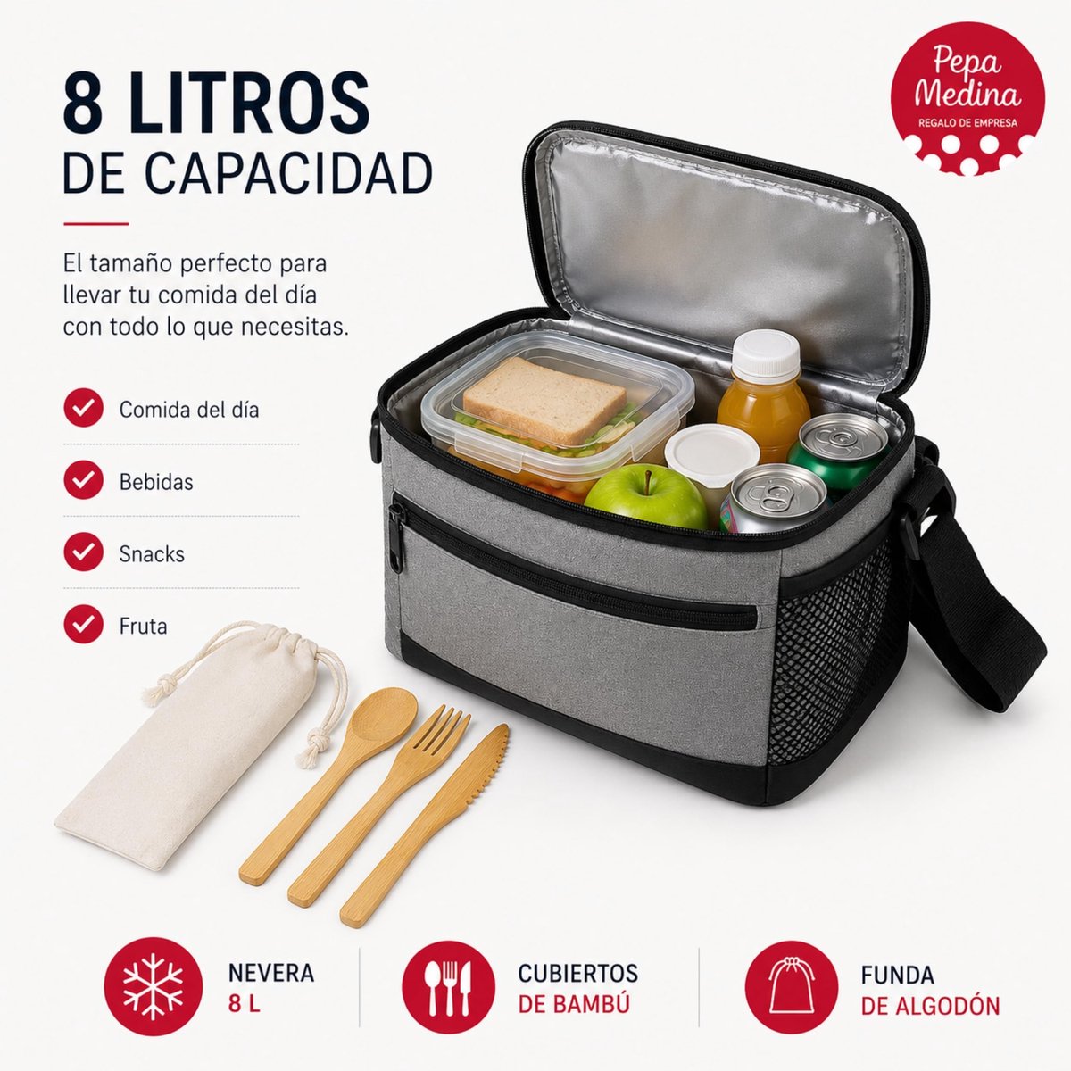 Thermische koelbox 8 liter - RPET-koeltas met bamboe bestekset - ideaal voor picknick - ShopVlot