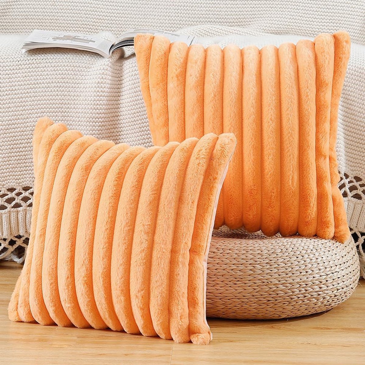 Decoratieve kussenslopen 45x45 cm - Pluche fluffy - Oranje - Perfect voor bank en slaapkamer - ShopVlot