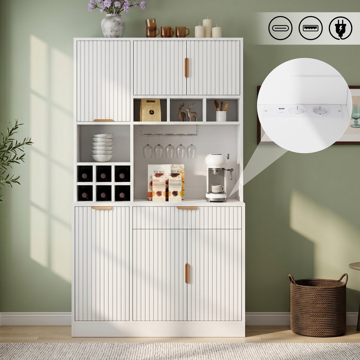 Hoge Kasten 100x40x175 cm - Buffetkast Met 2 Stopcontacten USB-A En USB-C Inclusief Wijnglasrek - Wit