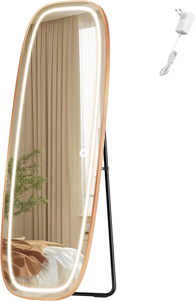 HILINSIE staande spiegel met verlichting, 160 x 50 cm, goudkleurig, gebogen staande spiegel, wandspiegel met 3 lichtkleuren, instelbare helderheid, voor slaapkamer en woonkamer