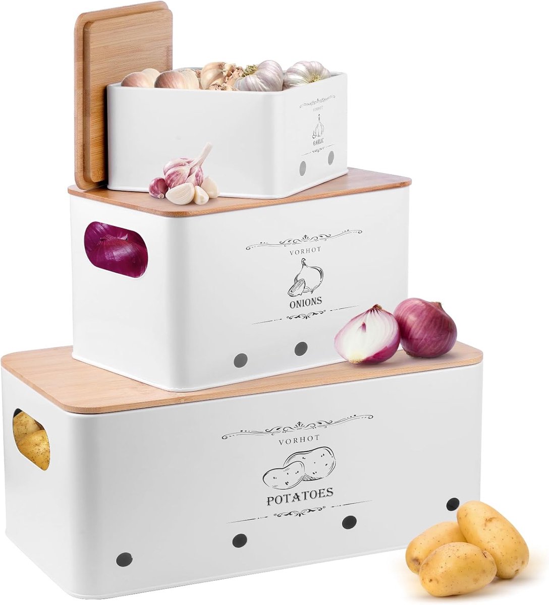 Aardappelopslagbox set van 3 - met bamboelid - voor aardappelen, uien en knoflook - georganiseer je voorraad - ShopVlot