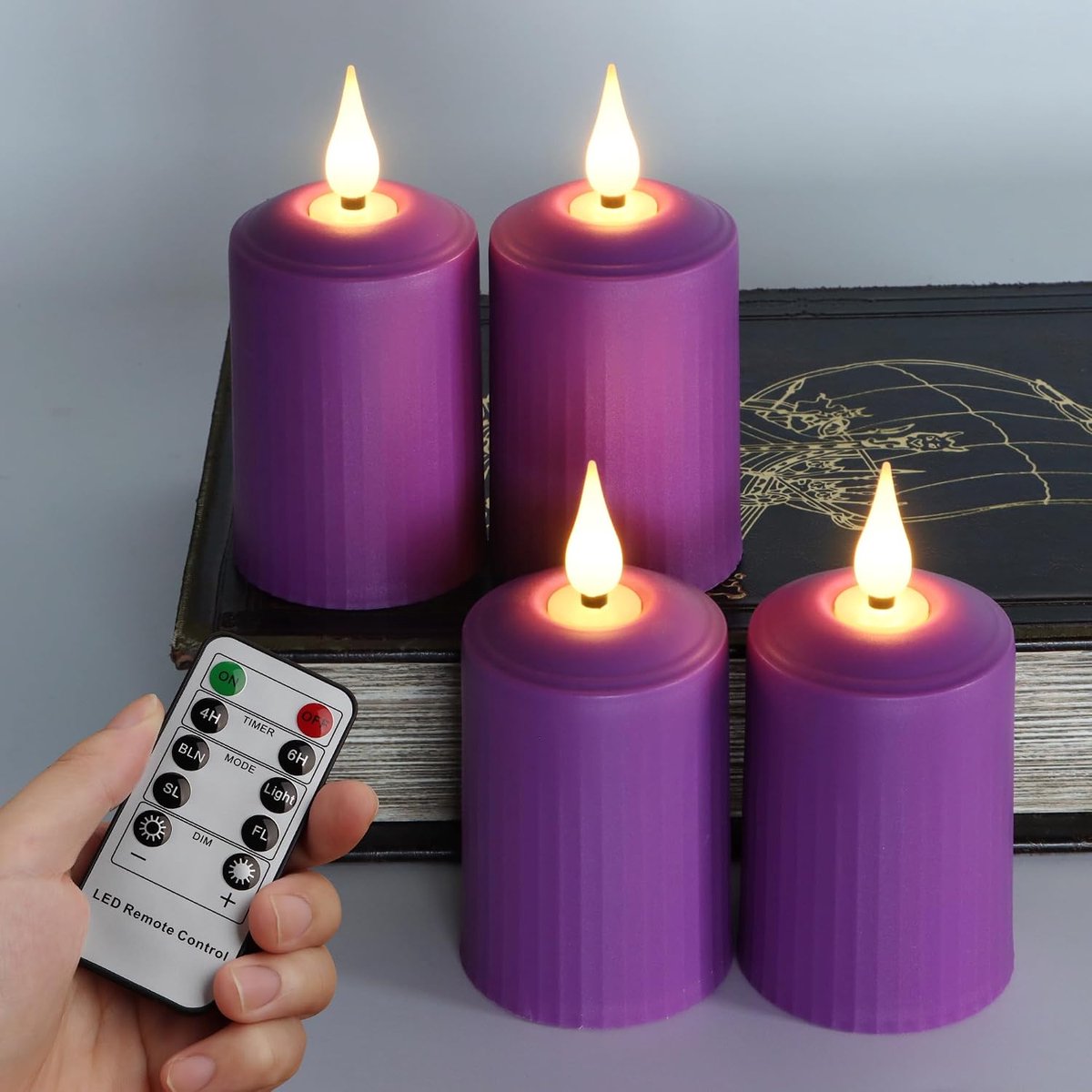Led-kaarsen 4 paarse flikkerend - vlamloos - afstandsbediening en timer - sfeervolle adventdecoratie - ShopVlot