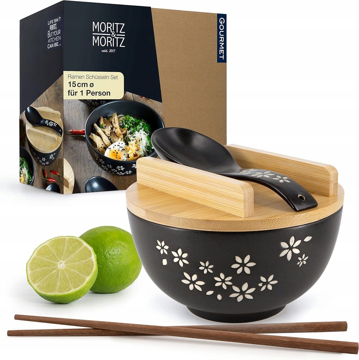 Merkloos Ramen Set: Kom met Kom, Lepel, Stokjes & Deksel (600ml)