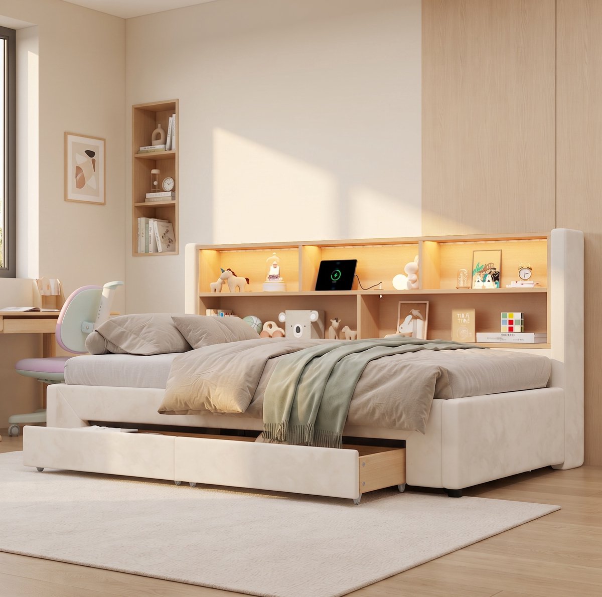 MIVRAY Slaapbank 90x200 Cm Zonder Matras Uitrekbaar Naar 180 Cm Met Opbergruimte LED Verlichting USB Aansluiting Velours Beige