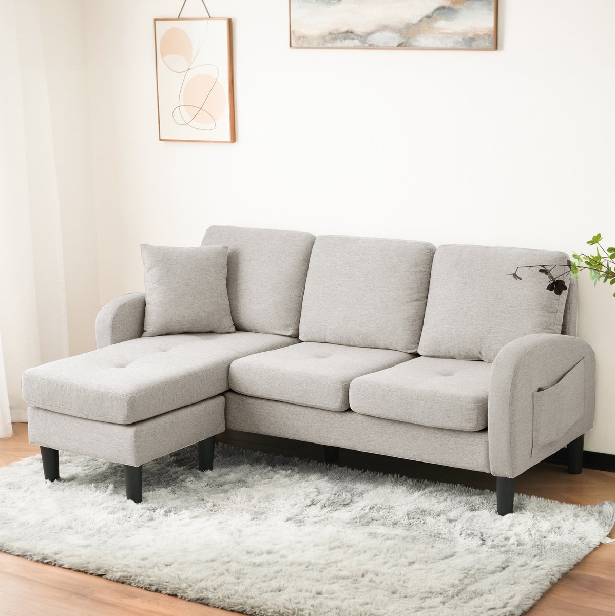 MEUNIQ L-vormige hoekbank met chaiselongue, 3-zits, 166 x 118 x 77 cm, modulair, met kunststof poten, voor woonkamer, appartement of kantoor, beige grijs