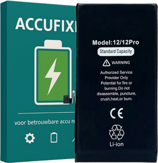 Accufix iPhone 12/12 Pro batterij, standaard capaciteit, met waarschuwingstekst