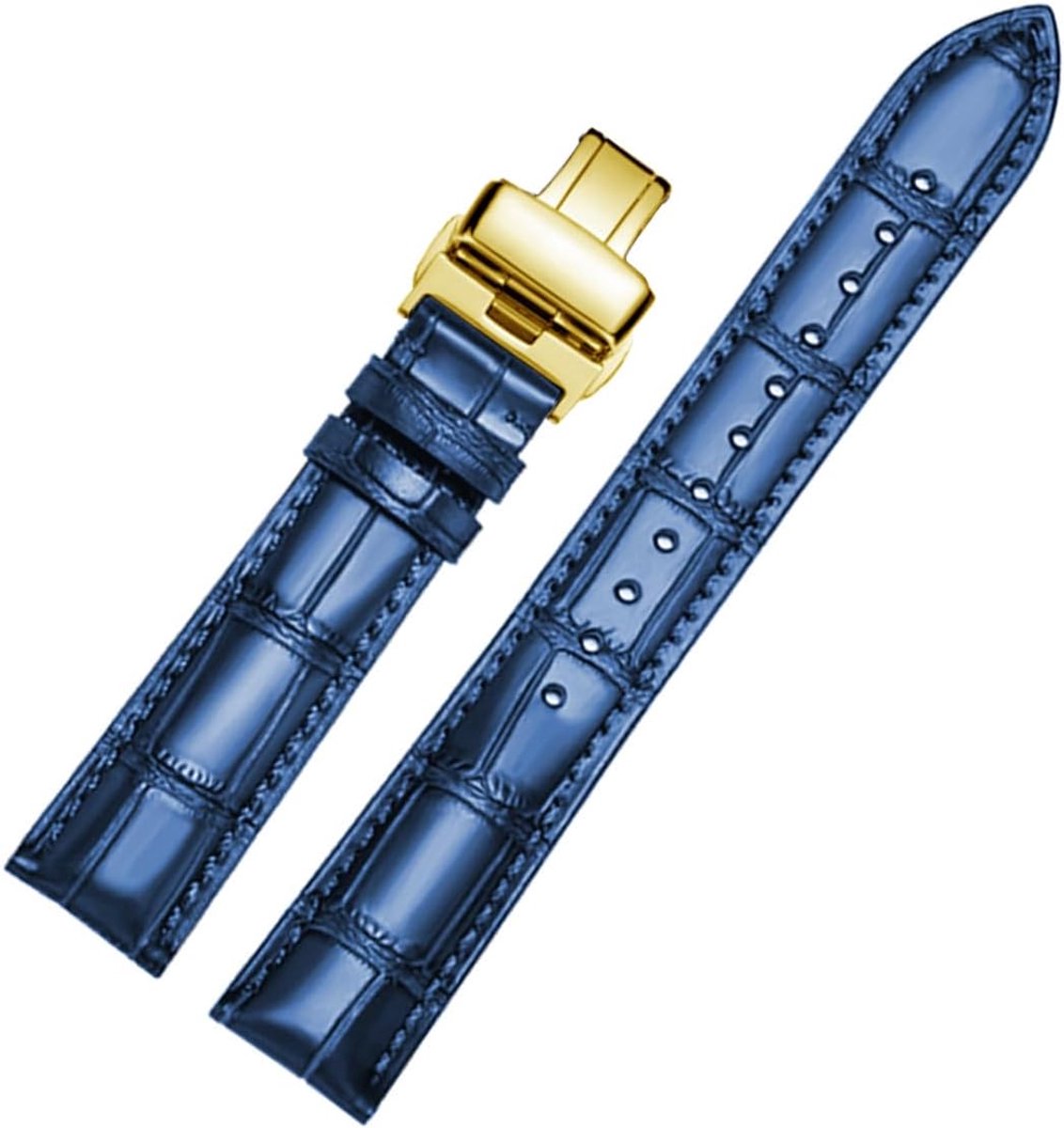 Leren Horlogeband XXL 18mm-22mm - Blauw + Goud - Snelle Ontgrendeling - Stijlvol Comfort - ShopVlot