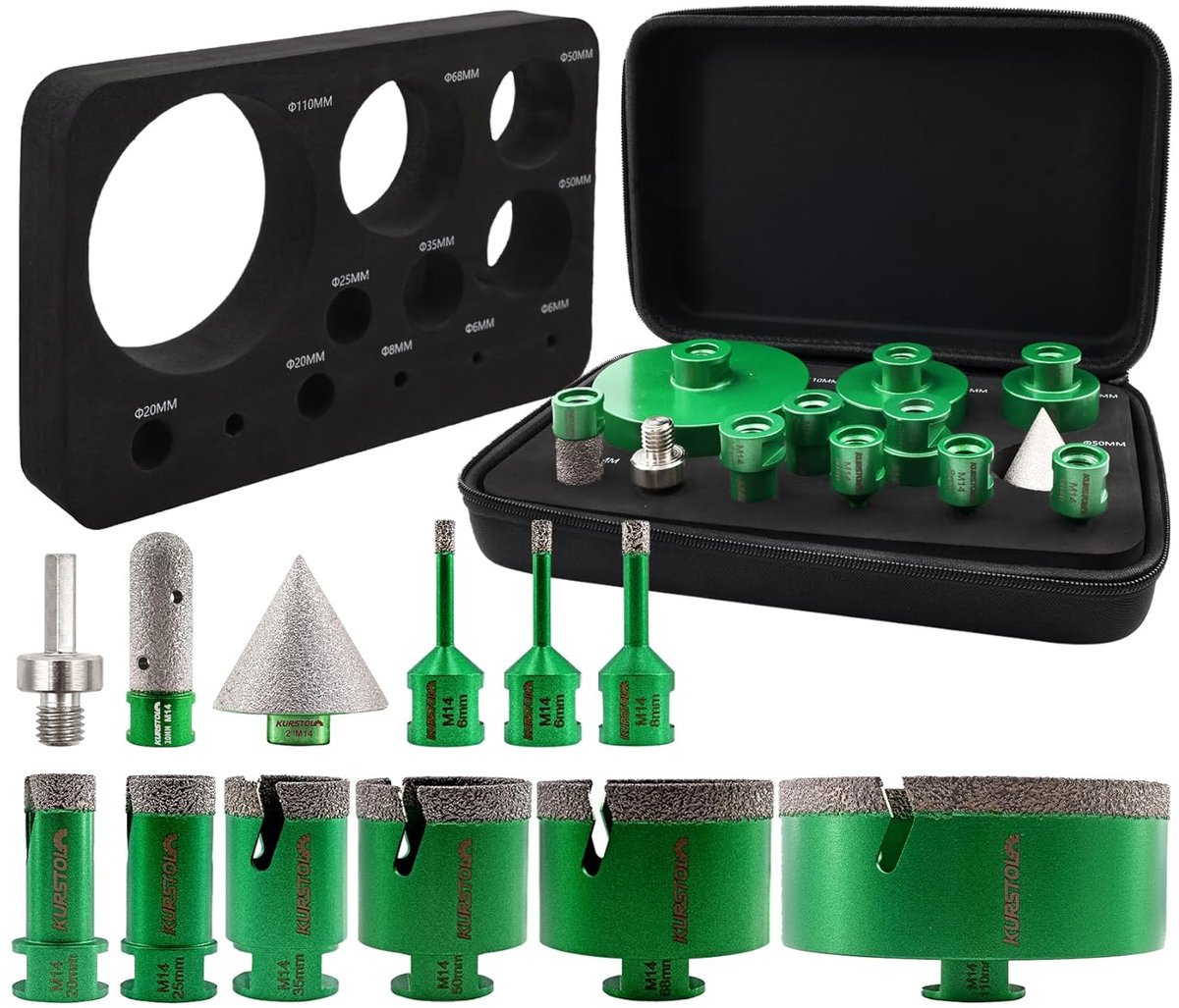 Diamantboor set 12-delig - 6/6/8/20/25/35/50/68/110 mm - voor porseleinen tegels, graniet en marmer - ShopVlot