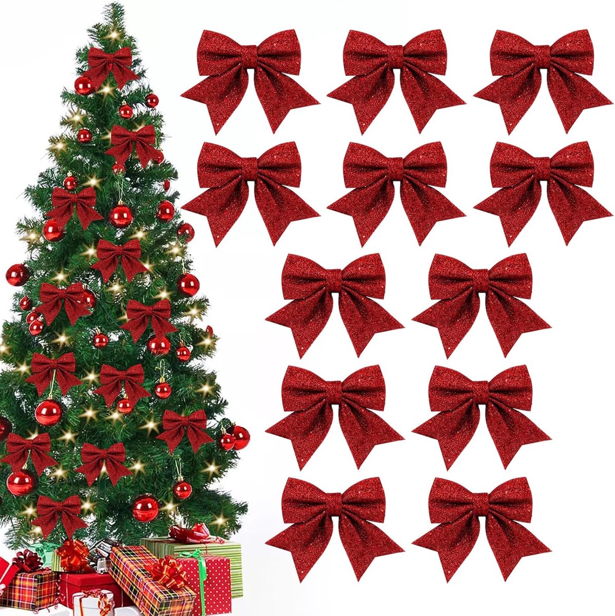 Kerstboomdecoratie 12 Stuks Rode Strikken - Kerststrikken - Versiering voor Kerstboom en Adventskrans - ShopVlot