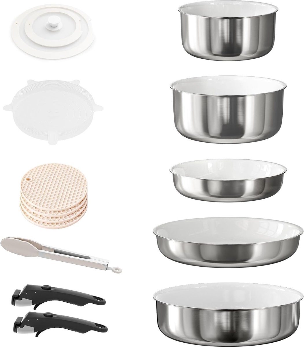 Koekenpan Set met Deksel - RVS - Keramische Coating - Stapelbaar Keukengerei - ShopVlot