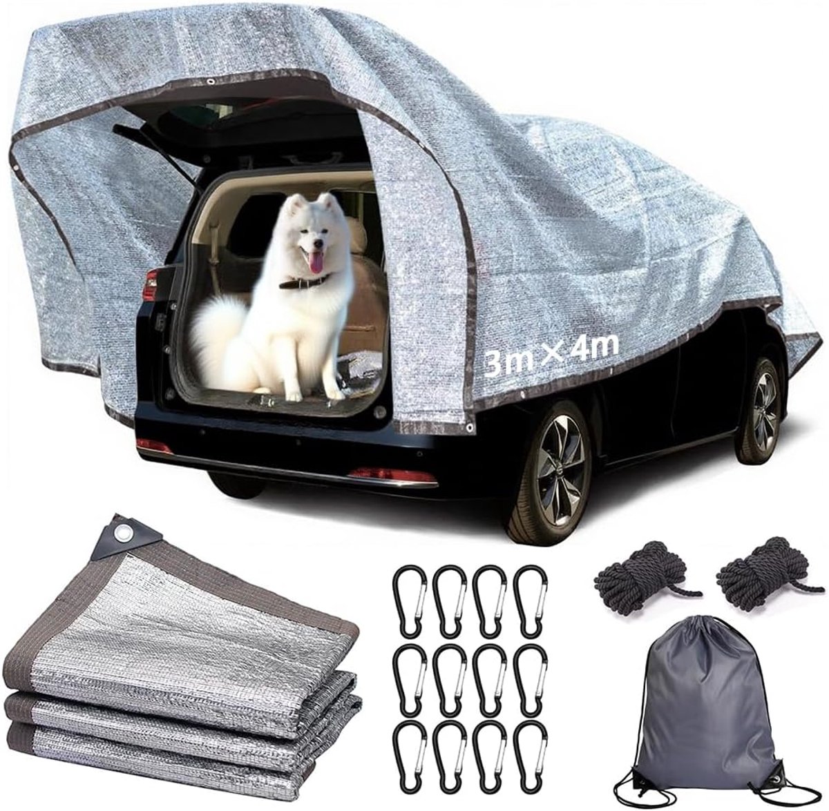 Schaduwnet auto 3 x 4 m - Reflecterend aluminium - 80% UV-bescherming - Ideaal voor honden en dieren - ShopVlot